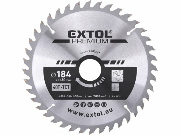 EXTOL PREMIUM Körfűrészlap Körfűrész tárcsa fűrésztárcsa Vídiás 184×30mm T40 3,2mm Max. 7000 ford/p