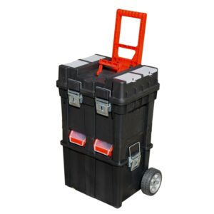 Műanyag Gurulós Szerszámosláda Kerekes szerszámtároló 495×350×712mm Fémcsatos, tálcás